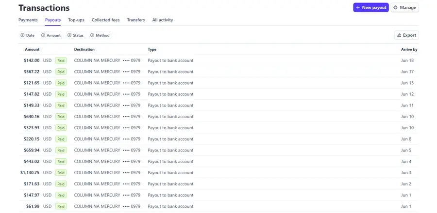 لقطة شاشة من Stripe لدفعات مشاريع مبنية بالذكاء الاصطناعي